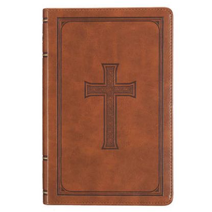 Picture of KJV Holy Bible, Standard Size Faux Leather Red Letter Edition Thumb Index, Ribbon Marker, King James Version, Honey Brown Cross Emblem