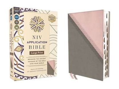 Picture of NIV Application Bible, Large Print, Leathersoft, Pink/Gray, Red Letter, Thumb Indexed, Comfort Print
